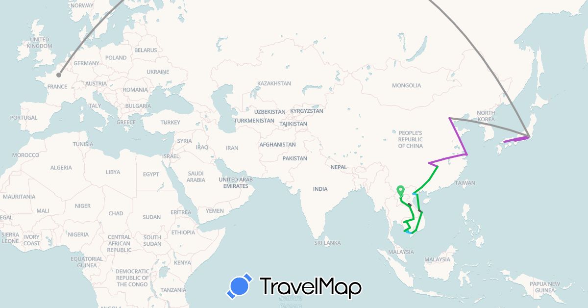 TravelMap itinerary: driving, bus, plane, train, boat, motorbike in China, France, Japan, Cambodia, Laos, Vietnam (Asia, Europe)